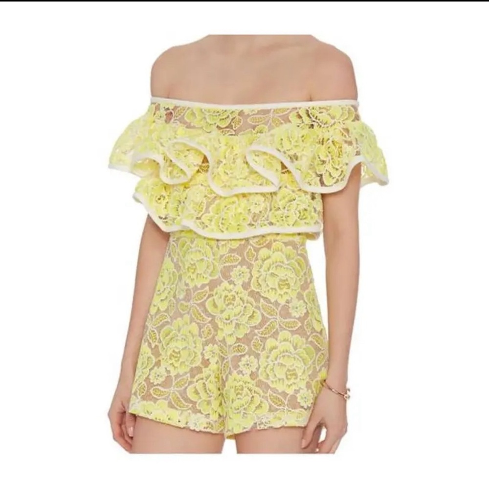 Alexis lemonade yellow crochet lace ruffle off shoulder romper